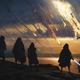 An illustration of a group of cloaked and hooded Jedi, one with their lightsaber ignited, look on as the space station Starlight Beacon burns up in atmosphere as it crashes towards an ocean, spraying meteoric debris.
